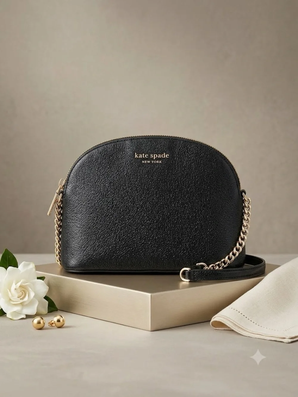 kate spade Black Leather Dome Crossbody with Gold Chain